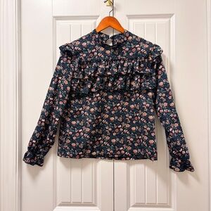 Cottagecore Floral Ruffle Blouse Navy – Size XS